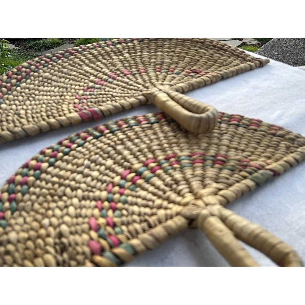 Vintage Handwoven Wicker Wall Fan Set Boho Coastal Seagrass Rattan Decor Pair